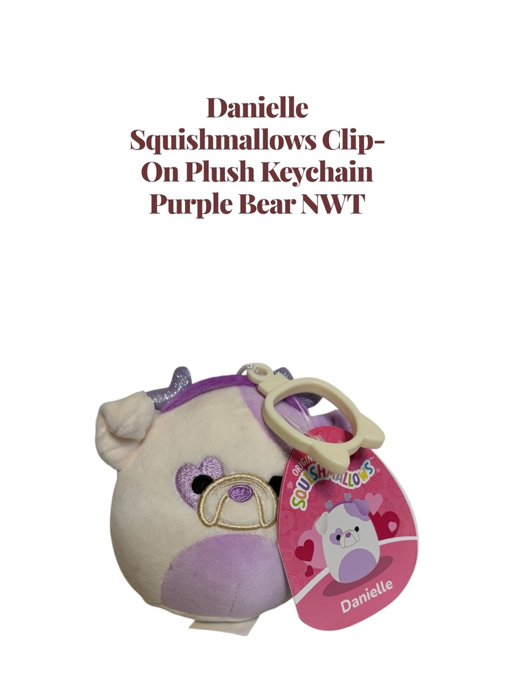 Squishmallows Danielle Clip-On Plush Keychain — Purple & Cream Bear